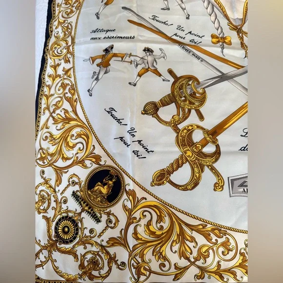 Hermes Carre 90 Traite des Arms Black Gold and White Silk Scarf with COA - Picture 5 of 12